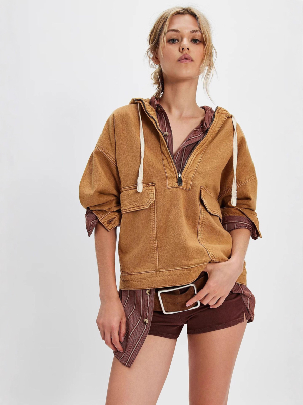 Дънково яке с качулка, разхлабен силует, дълги ръкави, деним плат памук-полиестер, есен 2025