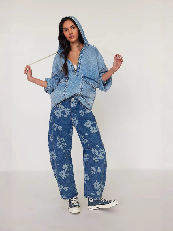 Дънково яке с качулка, разхлабен силует, дълги ръкави, деним плат памук-полиестер, есен 2025