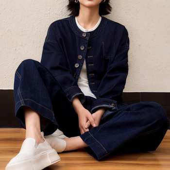 Дънков комплект: без яка къс жакет и кокон дънки с контрастни шевове – памук, дълги ръкави, кръгла яка, редовна кройка, есен 2025