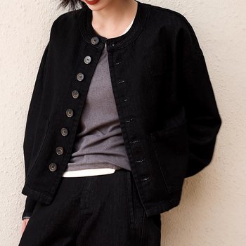 Дънков комплект: без яка къс жакет и кокон дънки с контрастни шевове – памук, дълги ръкави, кръгла яка, редовна кройка, есен 2025