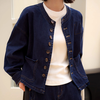 Дънков комплект: без яка къс жакет и кокон дънки с контрастни шевове – памук, дълги ръкави, кръгла яка, редовна кройка, есен 2025