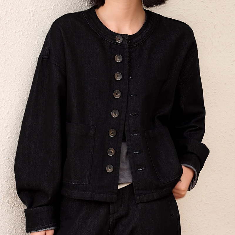 Дънков комплект: без яка къс жакет и кокон дънки с контрастни шевове – памук, дълги ръкави, кръгла яка, редовна кройка, есен 2025