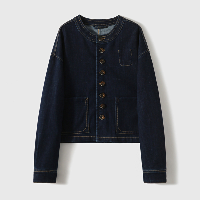 Дънков комплект: без яка къс жакет и кокон дънки с контрастни шевове – памук, дълги ръкави, кръгла яка, редовна кройка, есен 2025