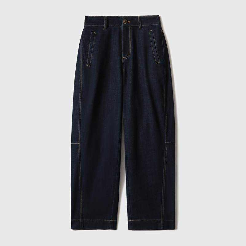 Дънков комплект: без яка къс жакет и кокон дънки с контрастни шевове – памук, дълги ръкави, кръгла яка, редовна кройка, есен 2025