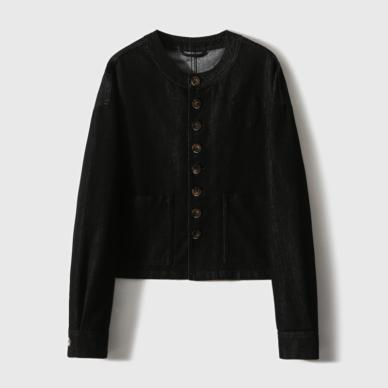 Дънков комплект: без яка къс жакет и кокон дънки с контрастни шевове – памук, дълги ръкави, кръгла яка, редовна кройка, есен 2025