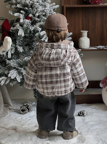 Kétoldalas gyerek dzseki kapucnival, téli, 86–90% pehely, koreai stílus, nylon külső, poliészter bélés