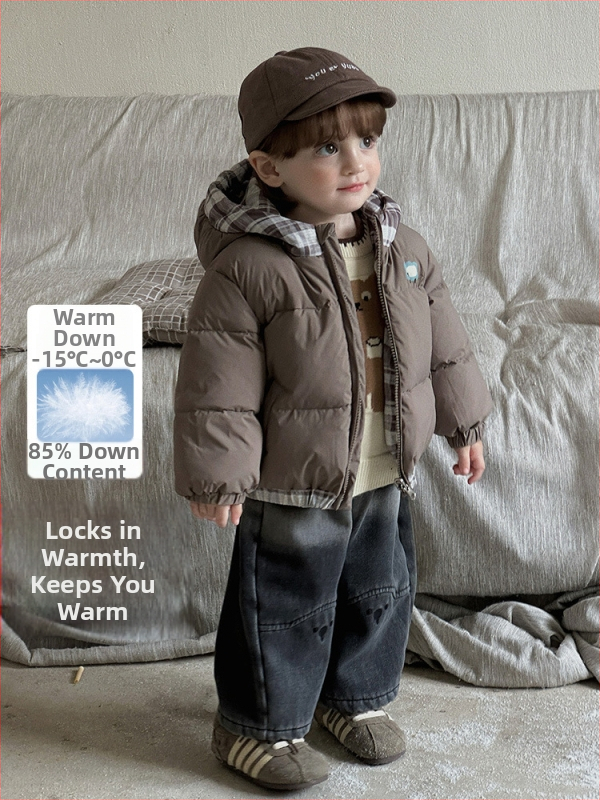 Kétoldalas gyerek dzseki kapucnival, téli, 86–90% pehely, koreai stílus, nylon külső, poliészter bélés