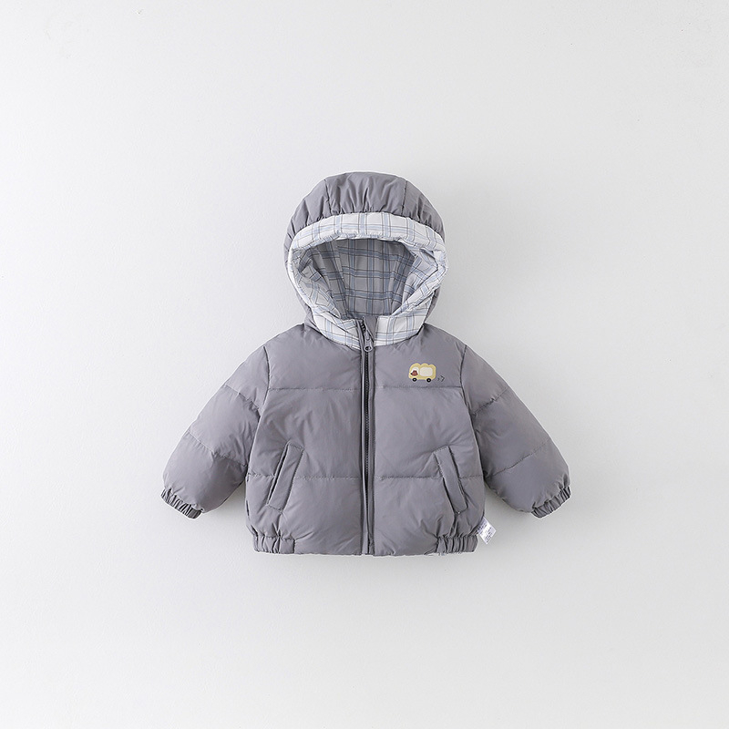 Kétoldalas gyerek dzseki kapucnival, téli, 86–90% pehely, koreai stílus, nylon külső, poliészter bélés
