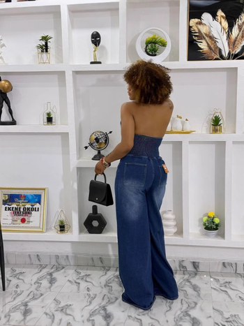 Džínová kombinéza bez rukávov, bez chrbta, elastický pás, rovné nohavice