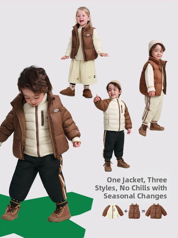 Három az egyben téli gyerekdzseki, 3–8 éveseknek, rövid szabás, laza fazon, cipzáras zárás, 90% fehér kacsapufi, külső nylon, bélés poliészter