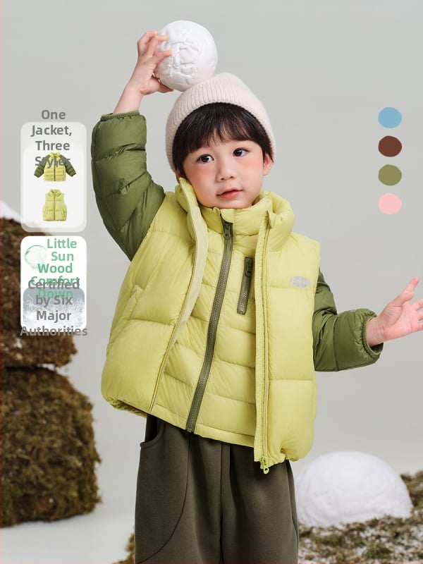 Három az egyben téli gyerekdzseki, 3–8 éveseknek, rövid szabás, laza fazon, cipzáras zárás, 90% fehér kacsapufi, külső nylon, bélés poliészter