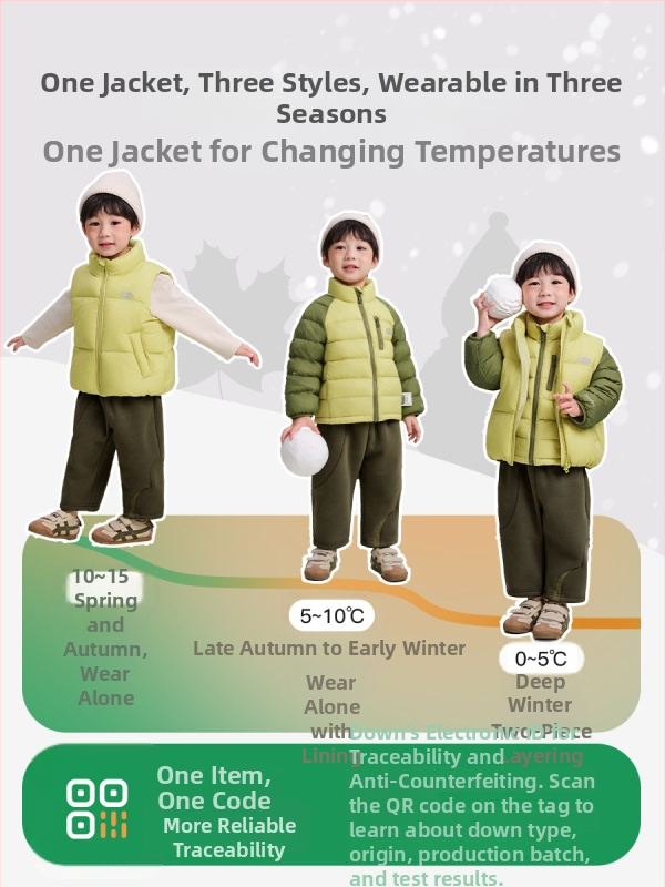 Három az egyben téli gyerekdzseki, 3–8 éveseknek, rövid szabás, laza fazon, cipzáras zárás, 90% fehér kacsapufi, külső nylon, bélés poliészter