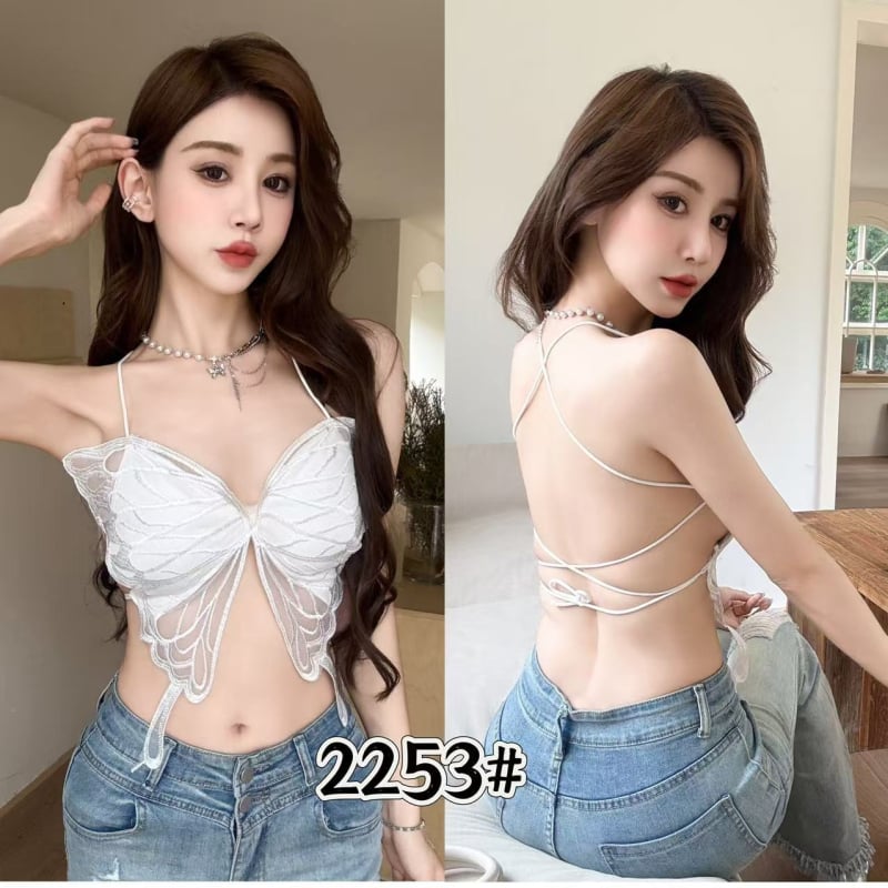 Strappy потник с голяма пандела – халтер стил, секси, найлон, красив гръб, подплата за бюст, тънък чашков дизайн, пълна чашка