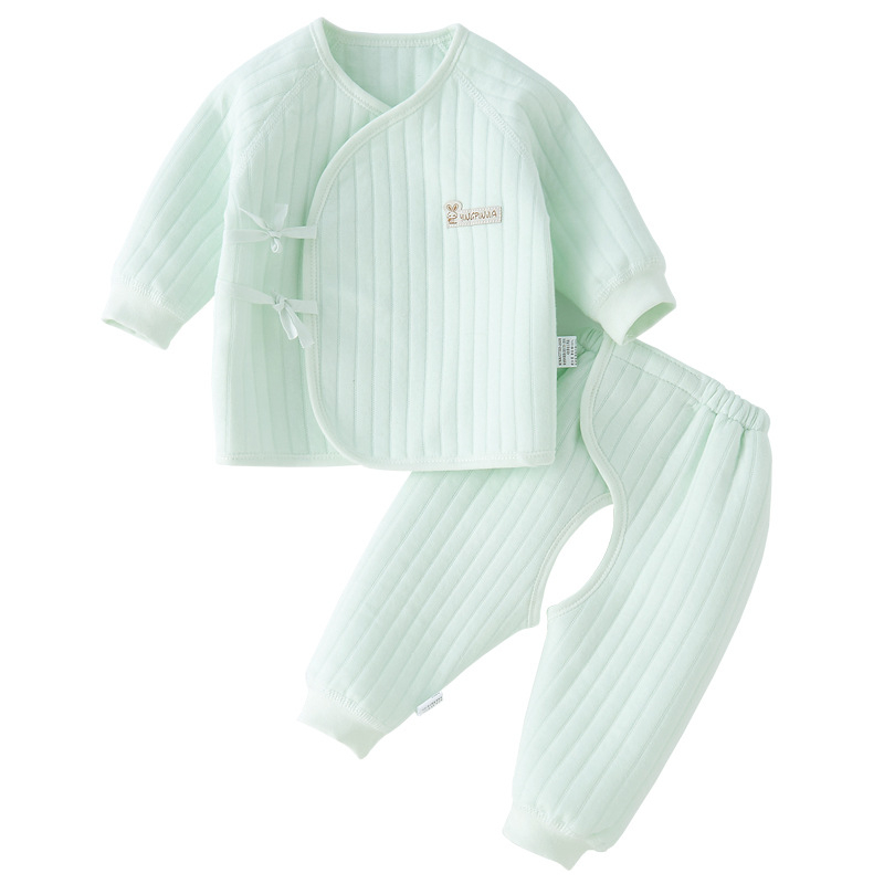 Kūdikio dviejų dalių medvilninis šiltas apatinių drabužių komplektas su apvaliu kaklu, unisex, 0–12 mėnesių