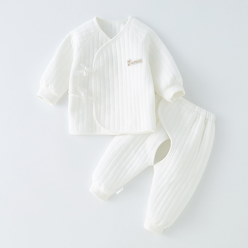 Kūdikio dviejų dalių medvilninis šiltas apatinių drabužių komplektas su apvaliu kaklu, unisex, 0–12 mėnesių