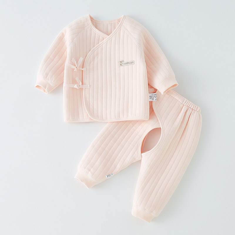 Kūdikio dviejų dalių medvilninis šiltas apatinių drabužių komplektas su apvaliu kaklu, unisex, 0–12 mėnesių