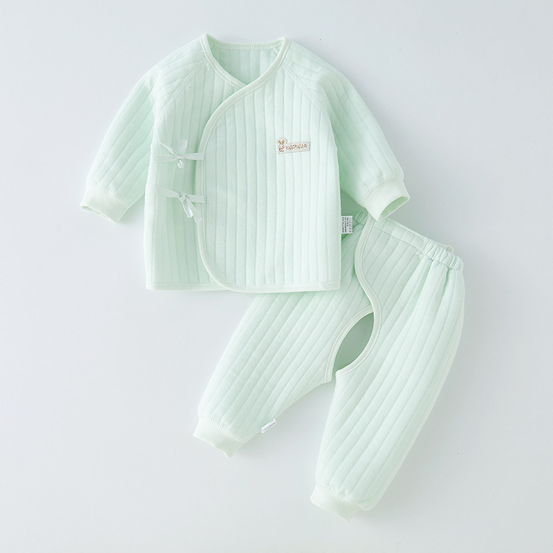 Kūdikio dviejų dalių medvilninis šiltas apatinių drabužių komplektas su apvaliu kaklu, unisex, 0–12 mėnesių