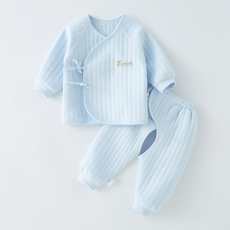 Kūdikio dviejų dalių medvilninis šiltas apatinių drabužių komplektas su apvaliu kaklu, unisex, 0–12 mėnesių