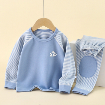 Gyerekek melegítő termo otthoni ruházat csíkos mintával, Derong poliészter anyag, 94% poliészter, antibakteriális, meleg és nedvességelvezető, koreai stílus (Derong poliészter; 94% poliészter; csíkos; antibakteriális; nedvességelvezetés)