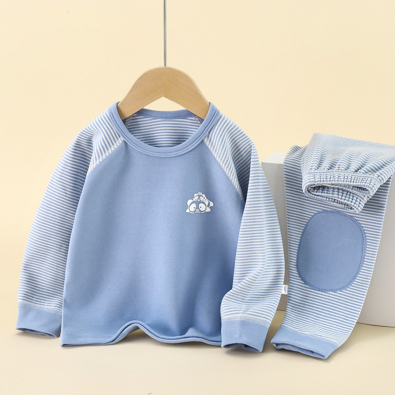 Gyerekek melegítő termo otthoni ruházat csíkos mintával, Derong poliészter anyag, 94% poliészter, antibakteriális, meleg és nedvességelvezető, koreai stílus (Derong poliészter; 94% poliészter; csíkos; antibakteriális; nedvességelvezetés)