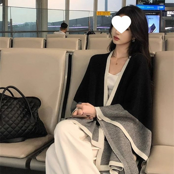 Unisex pleteni pončo kaput s kariranim uzorkom, akril/umjetna vuna, srednja duljina, elegantan stil, artikl 5572