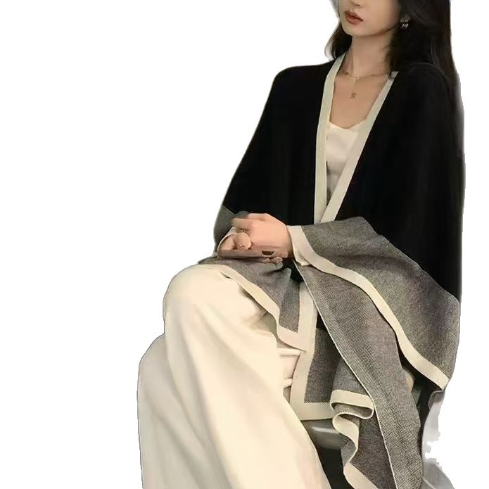 Unisex pleteni pončo kaput s kariranim uzorkom, akril/umjetna vuna, srednja duljina, elegantan stil, artikl 5572