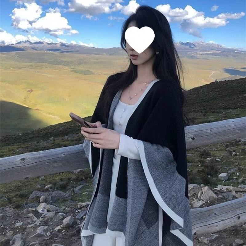 Unisex pleteni pončo kaput s kariranim uzorkom, akril/umjetna vuna, srednja duljina, elegantan stil, artikl 5572