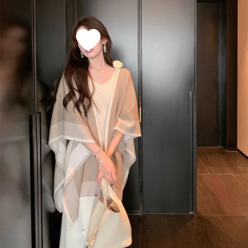 Unisex pleteni pončo kaput s kariranim uzorkom, akril/umjetna vuna, srednja duljina, elegantan stil, artikl 5572