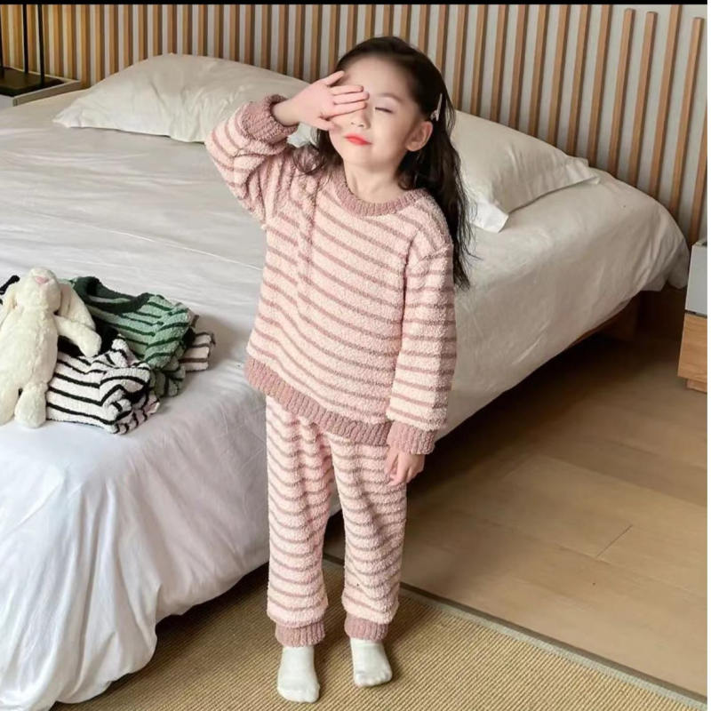 Uniszex gyerekeknek készült otthoni ruházati szett – csíkos fleece, kerek nyakú felső, két darabos, ősz-téli meleg, 3–8 éveseknek