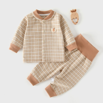 Két részes őszi-téli baba készlet hosszú ujjú felsővel és nadrágokkal, vastag poliészter 91%, kockás mintázat, kerek nyak, újszülötteknek