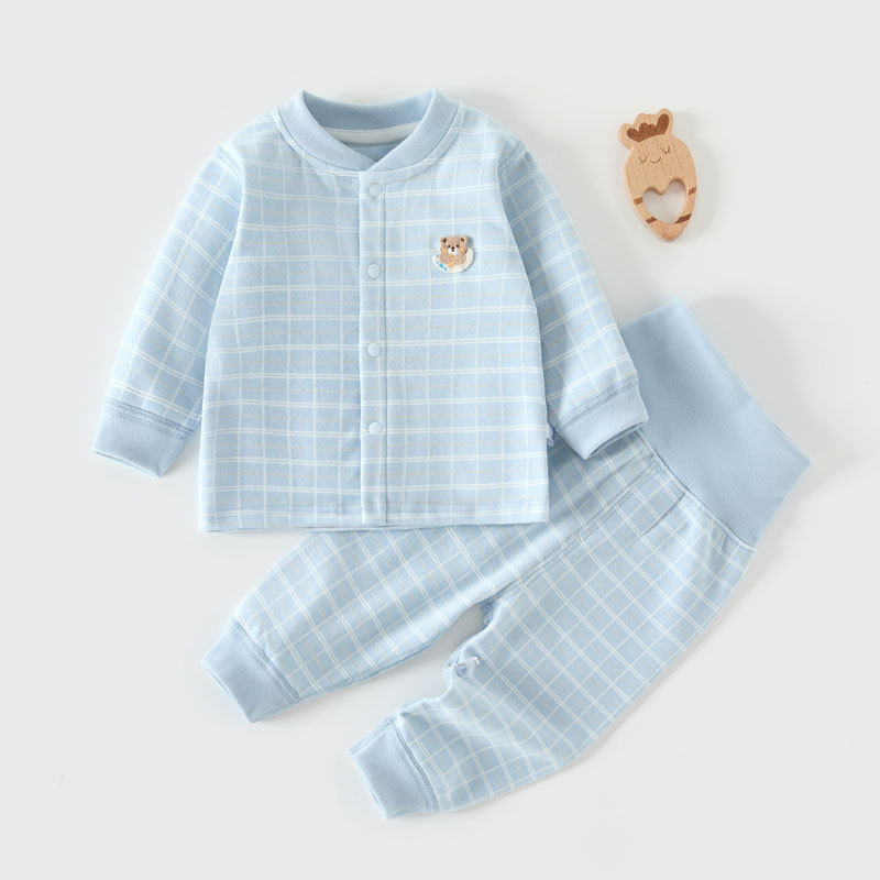 Két részes őszi-téli baba készlet hosszú ujjú felsővel és nadrágokkal, vastag poliészter 91%, kockás mintázat, kerek nyak, újszülötteknek