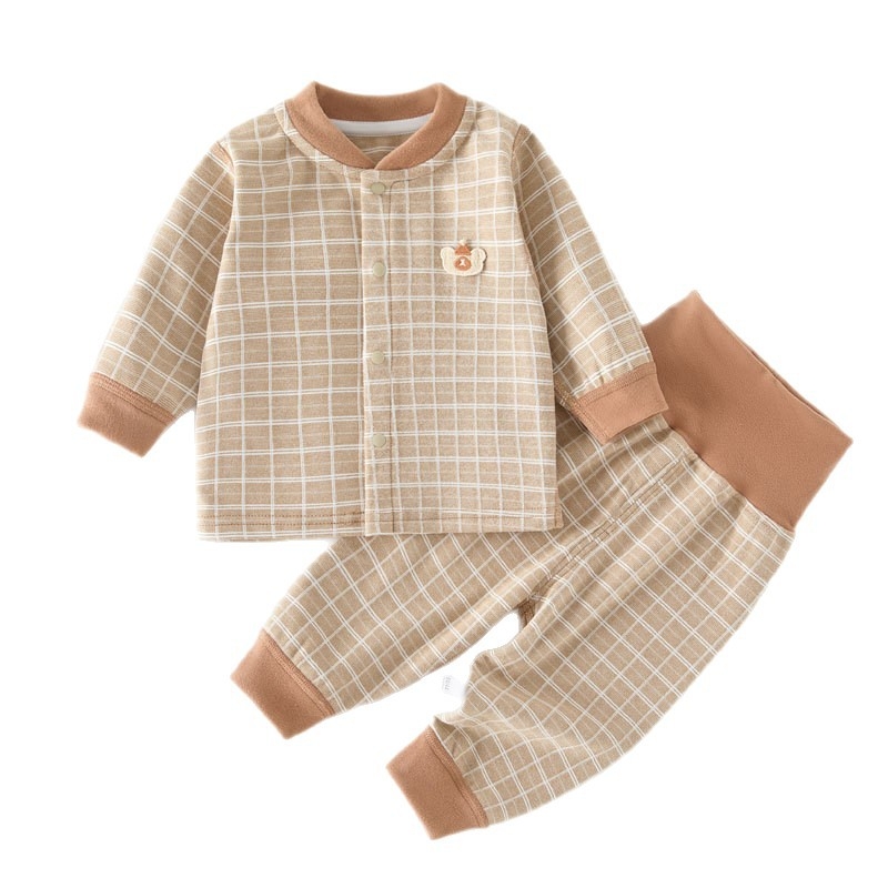 Két részes őszi-téli baba készlet hosszú ujjú felsővel és nadrágokkal, vastag poliészter 91%, kockás mintázat, kerek nyak, újszülötteknek