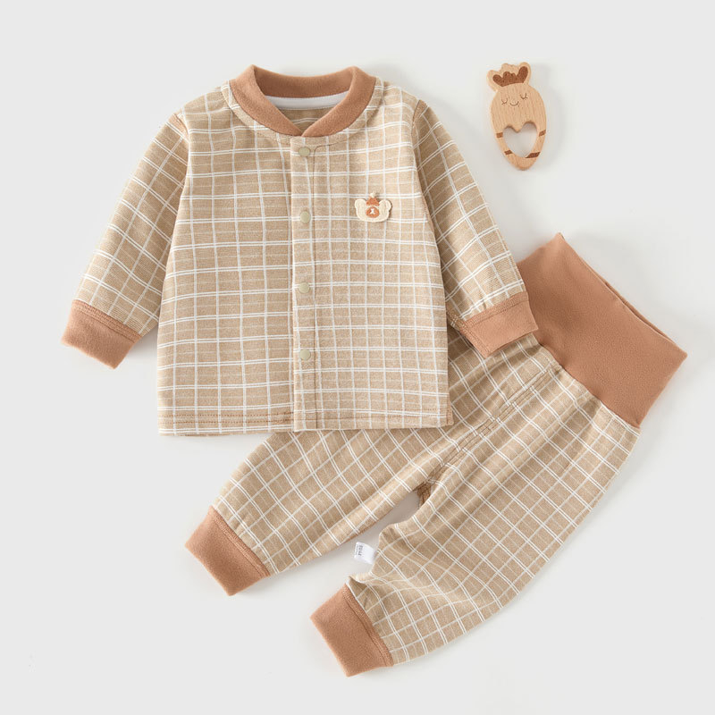 Két részes őszi-téli baba készlet hosszú ujjú felsővel és nadrágokkal, vastag poliészter 91%, kockás mintázat, kerek nyak, újszülötteknek