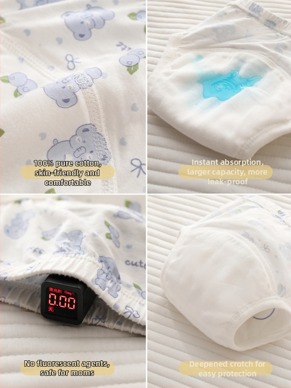 Kūdikio mokymo kelnaitės – 100% medvilnė, skalbiamos, šoninės nuotėkio apsauga, mokymuisi naudotis tualetu, 6-12 mėnesių ir 1-3 metai