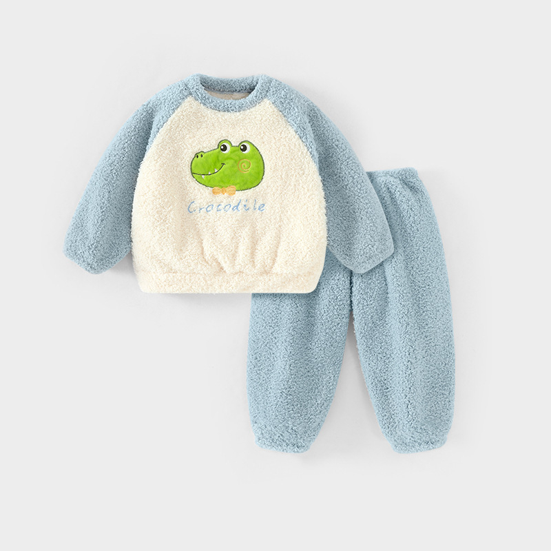 Dječji dvodijelni set pidžama od koralnog velura, debeli fleece, dugi rukavi, bez kapucje, uzorak crtani likovi