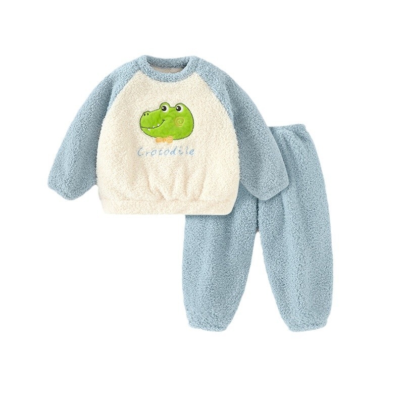 Dječji dvodijelni set pidžama od koralnog velura, debeli fleece, dugi rukavi, bez kapucje, uzorak crtani likovi