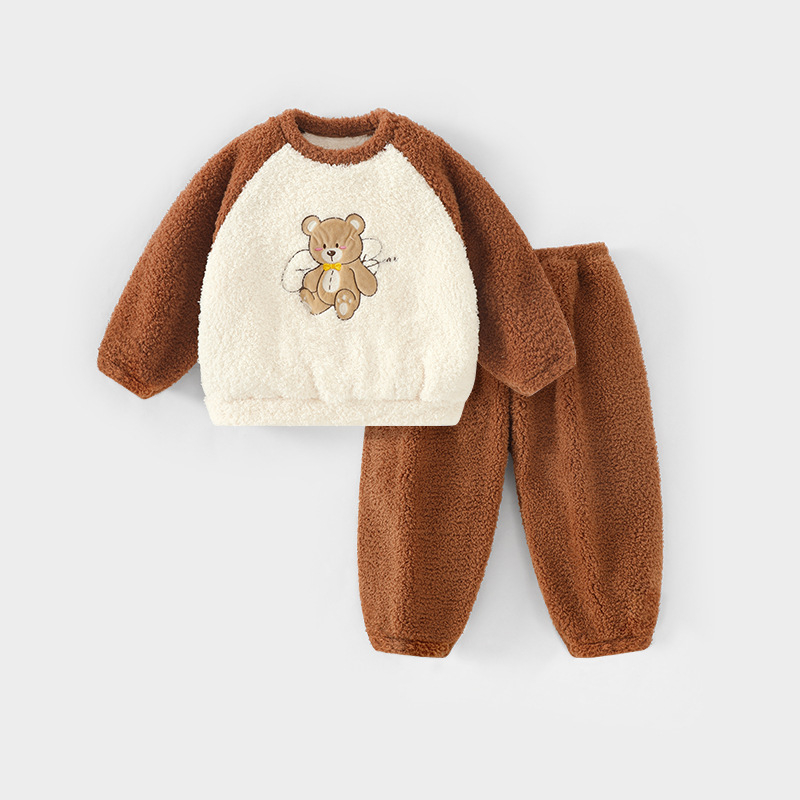 Dječji dvodijelni set pidžama od koralnog velura, debeli fleece, dugi rukavi, bez kapucje, uzorak crtani likovi