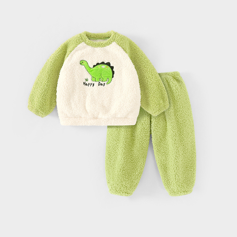 Dječji dvodijelni set pidžama od koralnog velura, debeli fleece, dugi rukavi, bez kapucje, uzorak crtani likovi