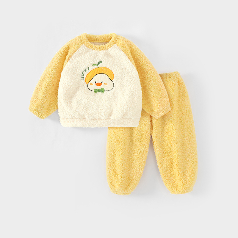 Dječji dvodijelni set pidžama od koralnog velura, debeli fleece, dugi rukavi, bez kapucje, uzorak crtani likovi