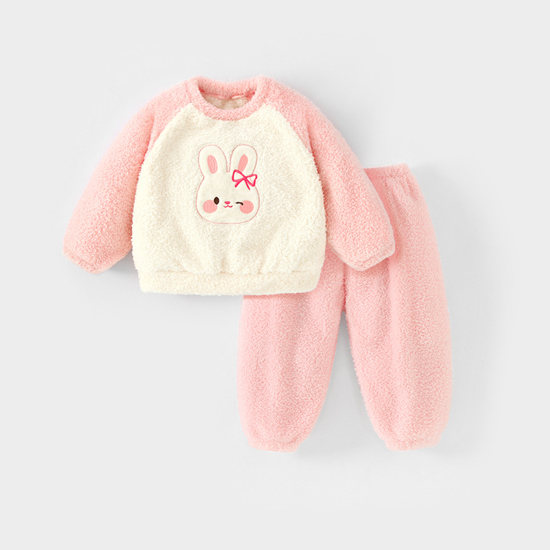 Dječji dvodijelni set pidžama od koralnog velura, debeli fleece, dugi rukavi, bez kapucje, uzorak crtani likovi