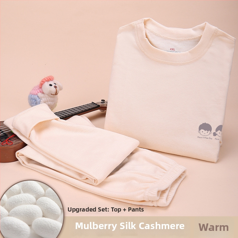 Детски термален комплект от вълна и коприна, подплатен с кадифе, плътен материал (201–250 г/м²), кръгло деколте, за деца на възраст 7–12 г