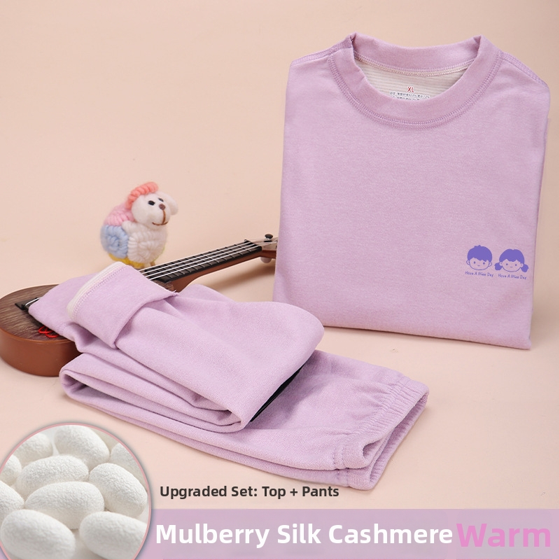 Детски термален комплект от вълна и коприна, подплатен с кадифе, плътен материал (201–250 г/м²), кръгло деколте, за деца на възраст 7–12 г