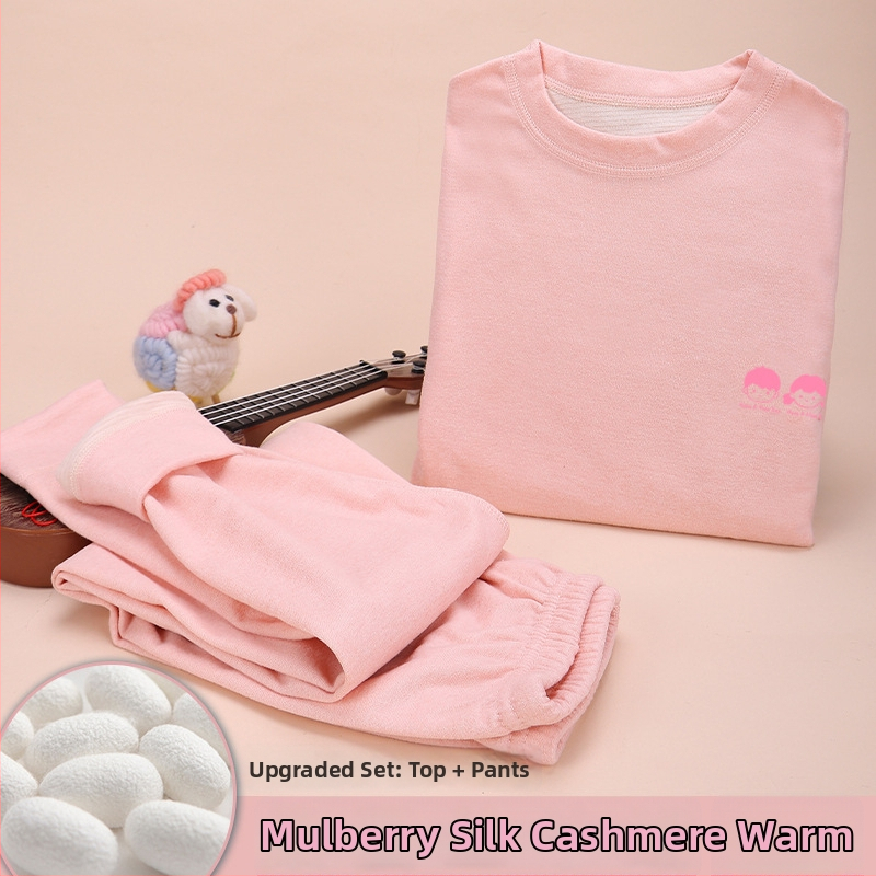 Детски термален комплект от вълна и коприна, подплатен с кадифе, плътен материал (201–250 г/м²), кръгло деколте, за деца на възраст 7–12 г