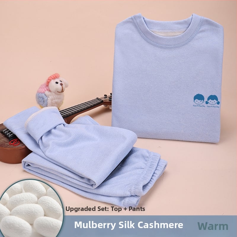 Детски термален комплект от вълна и коприна, подплатен с кадифе, плътен материал (201–250 г/м²), кръгло деколте, за деца на възраст 7–12 г