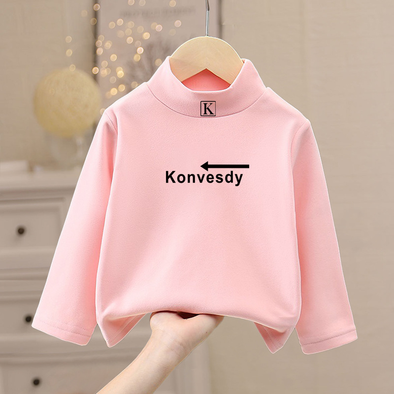 Gyerekeknek szóló meleg hosszú ujjú felső mock nyakkal, De Velvet anyag, 100% poliészter, koreai stílus, tél