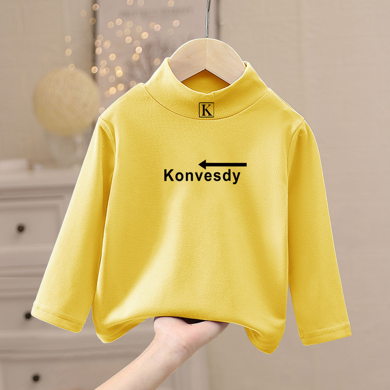 Gyerekeknek szóló meleg hosszú ujjú felső mock nyakkal, De Velvet anyag, 100% poliészter, koreai stílus, tél
