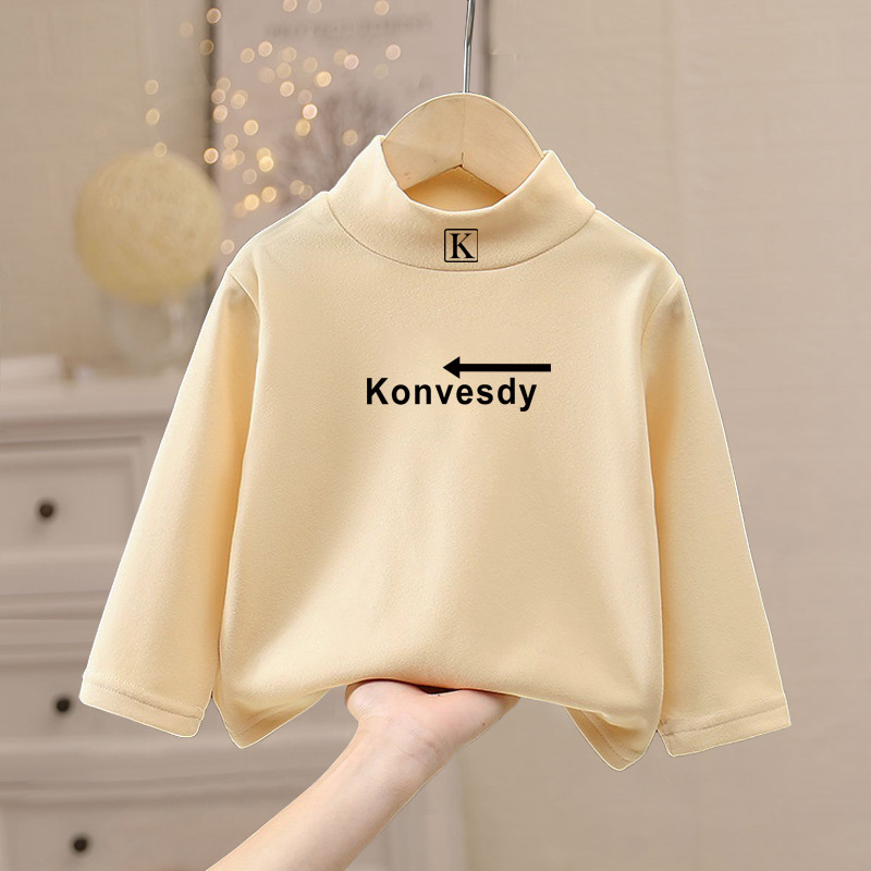 Gyerekeknek szóló meleg hosszú ujjú felső mock nyakkal, De Velvet anyag, 100% poliészter, koreai stílus, tél