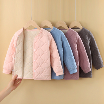 Gyerekek téli háromrétegű bolyhos poliészter fleece-ből készült kabát és nadrág készlet, V-nyakú, kapucni nélkül, 3–8 éveseknek