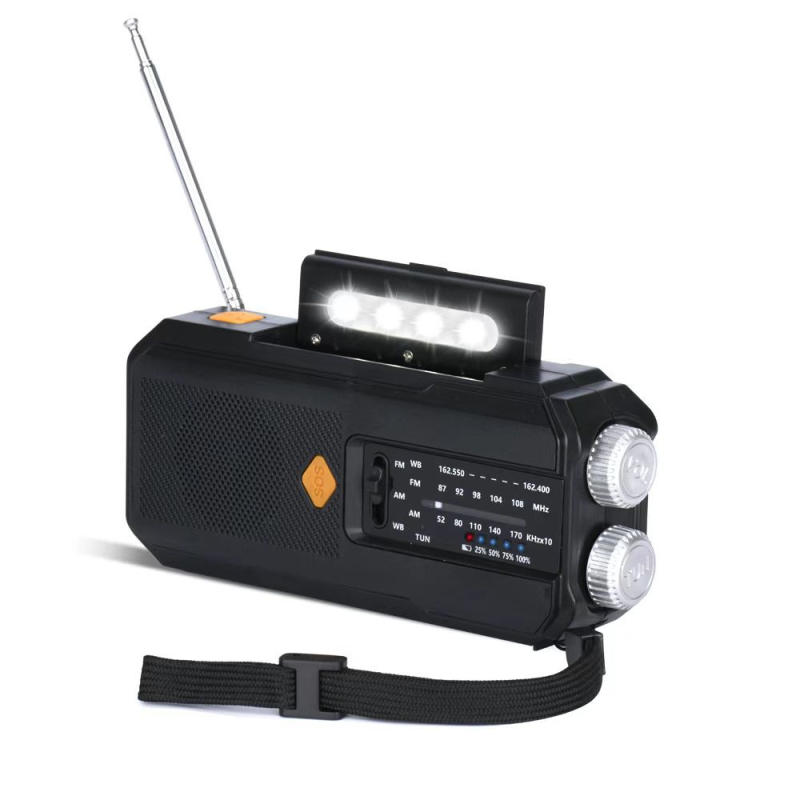 Išorinis avarinis radijo imtuvas su saulės energija ir rankiniu generatoriumi, USB įkrovimas, 2000mAh baterija, įmontuotas garsiakalbis