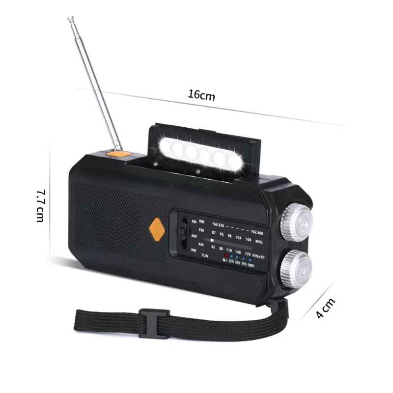 Išorinis avarinis radijo imtuvas su saulės energija ir rankiniu generatoriumi, USB įkrovimas, 2000mAh baterija, įmontuotas garsiakalbis